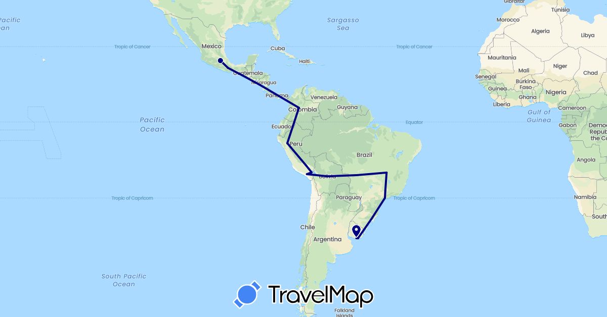 TravelMap itinerary: driving in Bolivia, Brazil, Colombia, Mexico, Peru, Uruguay (North America, South America)