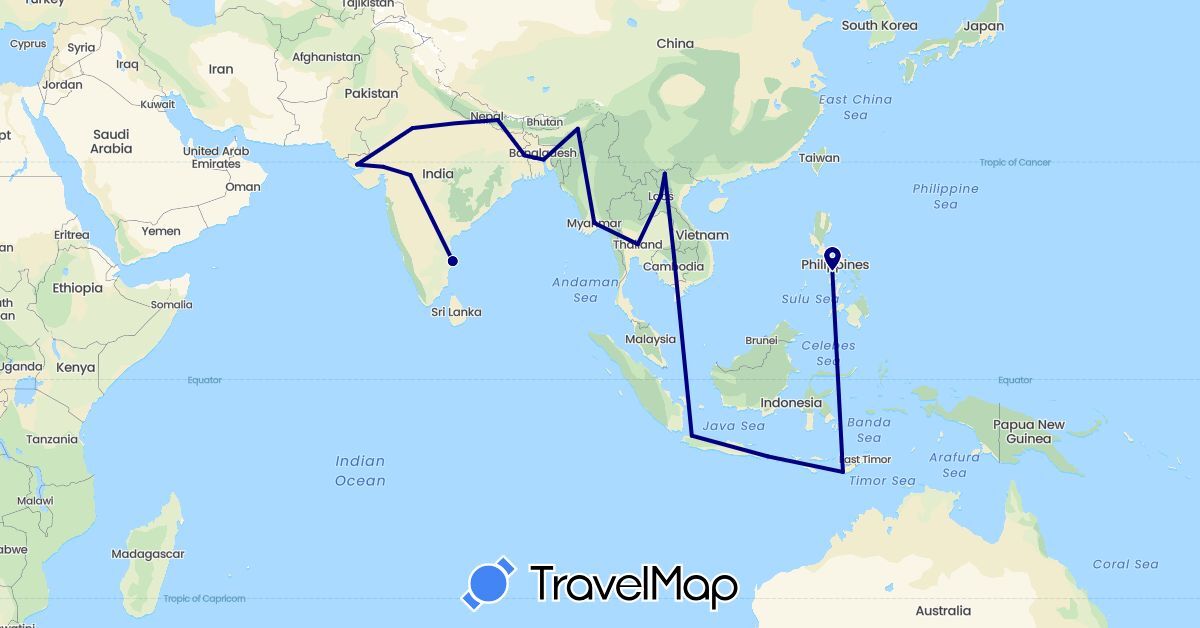 TravelMap itinerary: driving in Bangladesh, Indonesia, India, Cambodia, Laos, Myanmar (Burma), Nepal, Philippines, Thailand, Vietnam (Asia)